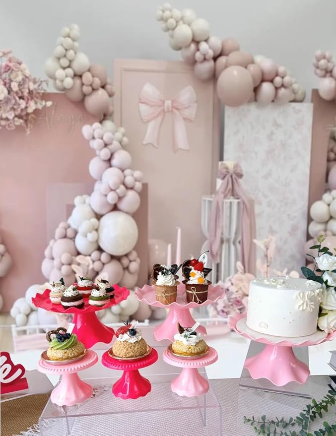 Plastic Dessert Table Display Set of 6, 3 Pcs 9 inch cake Stand, 3 Pcs 4 inch Mnini Cupcake Holder, cupcake tray, Versatile Design for Birthday, Tea Party, Wedding. (pink)