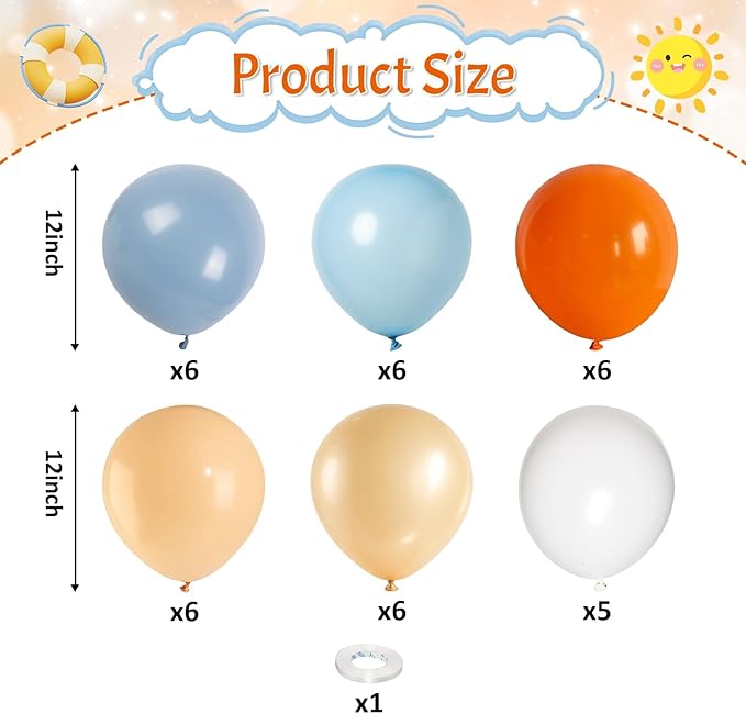 Blue and Orange Baby Shower Balloons Desorations, Pastel Dusty Blue Orange Nude Light Gold Latex Balloons Set for Kids Birthday Baby Shower Graduation Summer Beach Pool Carnival Sport Party Decor