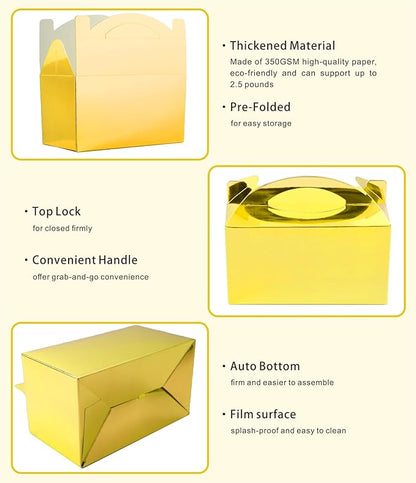30-Pack Metallic Gold Gable Treat Boxes with Handles, 6" Pop-Up Party Favor Gift Boxes for Birthday, Wedding, Baby Shower, Eco-Friendly Candy,Cookie, Goodie Bags for Kids, Bachelorette Decor