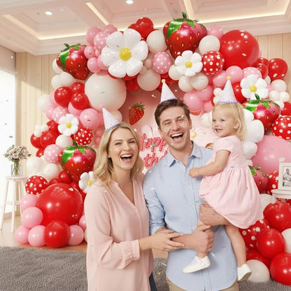 Strawberry Balloon Arch Kit 188Pcs with Strawberry Daisy Foil Balloons, Red Pink White Balloons for Sweet One Berry First Birthday Wedding Baby Shower Gender Reveal Girls Princess Party Decor