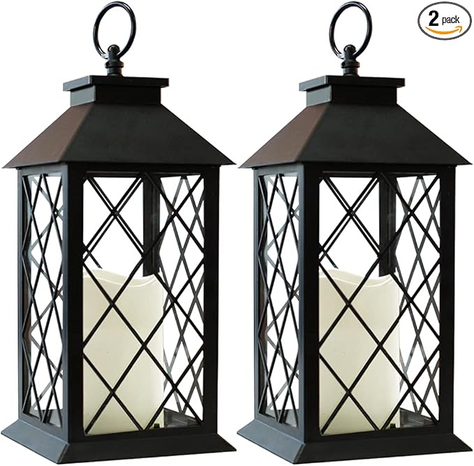2-Pack 13.5" Vintage Candle Lantern with LED Pillar Candle (Black, 6hr Timer) - IP44 Waterproof Battery Powered Decorative Light - Outdoor Patio Hanging Lantern Decorative Tabletop Light