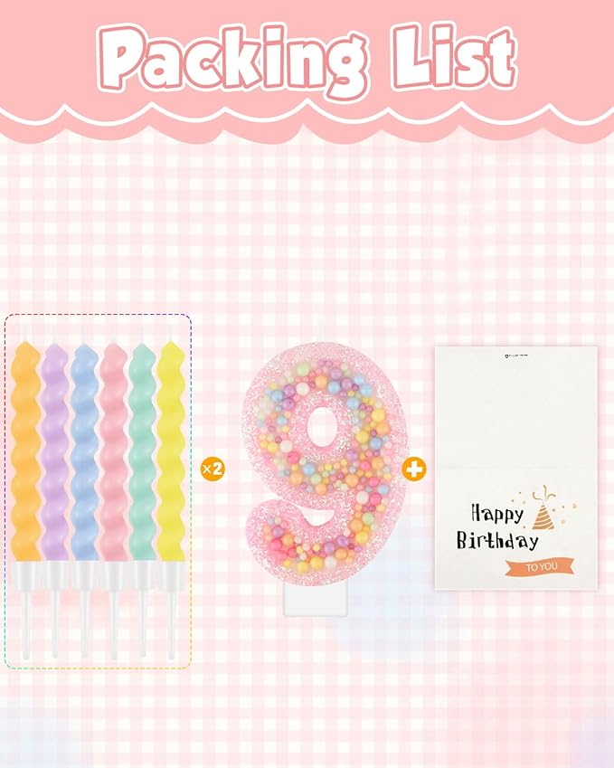Birthday Candles for Cake, Macaron Number Candles, Cake Candles with Greeting Card for Birthday Party Wedding Anniversary Celebrations (9 Candle)
