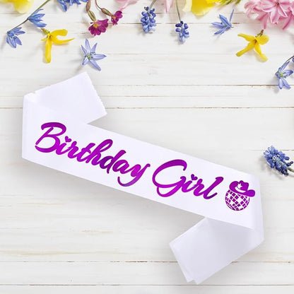 Birthday Girl Sash, Disco Cow Birthday Sash for Cowgirl Funny Birthday Gift Ideas Suppiles, White+ Purple Foil