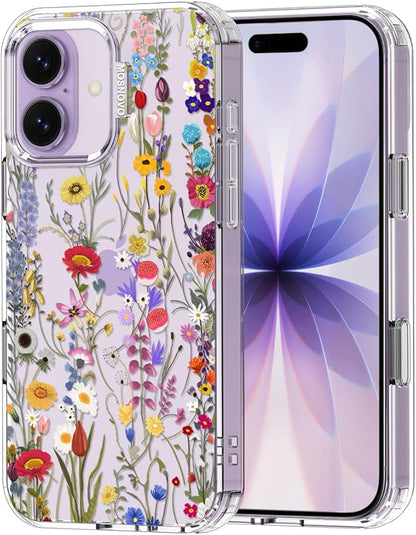 MOSNOVO for iPhone 17 Case | Military Grade 6.6ft Drop Tested | Camera Control | Clear with Wildflower Meadow Design