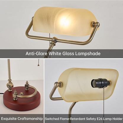 Bankers Lamp, Traditional White Desk Lamp with Solid Birch Wood Base, White Glass Antique Library Lamp with Pull Chain Switch, Plug in Vintage Bankers Desk Lamp for Office, Study Room 【E26 Socket】