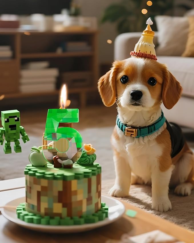 Pixel Birthday Candle, 2.68 Inch Miner Number Candles, Game Themed Candle Birthday Decoration for Pixel Theme Birthday Anniversary Dynamite Video Game Party (Green, 5)