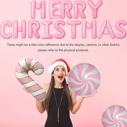 Christmas Balloons Pink Candy Cane Balloon Lollipop Pink Merry Christmas Balloon Candy Balloons for Xmax Party Decorations Xmas New Year Themed Party Supplies Sets-19 Pcs
