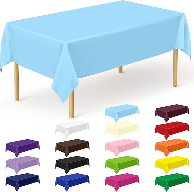 QZYL 12 PCS SkyBlue Plastic Tablecloths, 54 in x 108 in Dinner Table Cloths, Rectangle Table Cover for Birthday Party Family Gathering Wedding