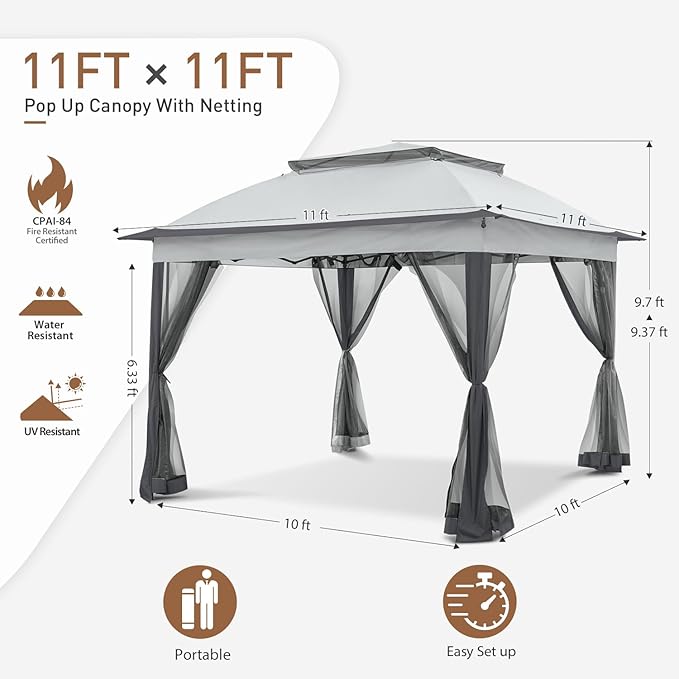 COOS BAY 11x11 Pop Up Gazebo with Mesh Netting, Instant Outdoor Canopy Tent, Water Resistant Shelter with UPF 50+ UV Protection, 121 Sq Ft Coverage, Gray