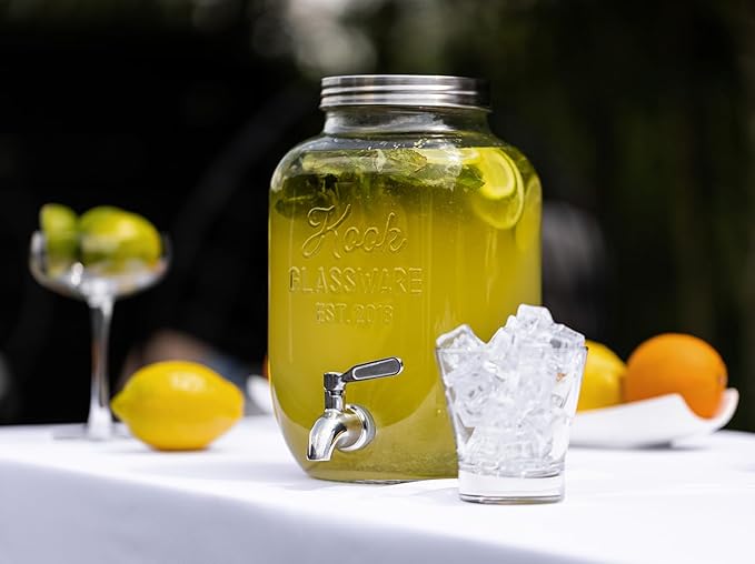 Kook Glass Drink Dispenser, with Leak-Proof Stainless Steel Spigot, Clear Mason Jar, Beverage Storage for Fridge, for Water, Iced Tea, Sangria, Lemonade, 1 Gallon (1, Silver)