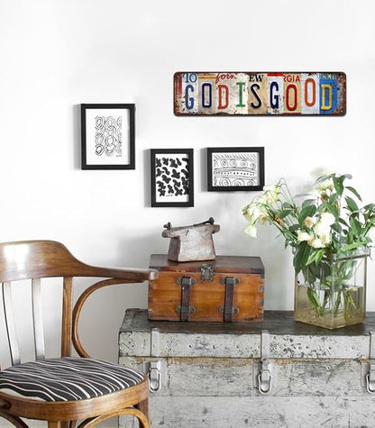 God is Good Vintage Metal Tin Sign - Rustic Inspirational Wall Art for Home, Prayer Room, Farmhouse, Office Décor - 4x16 Inch