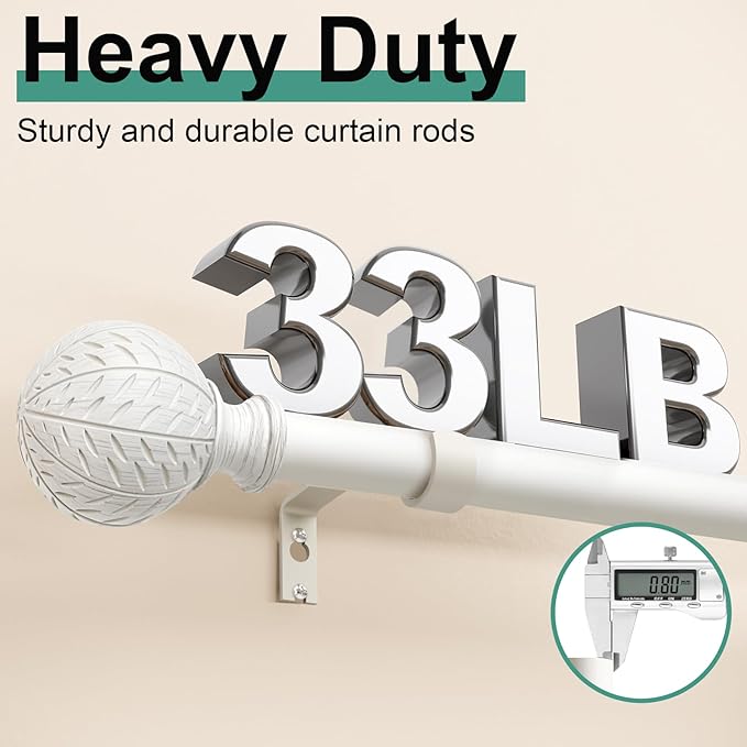 QDWIS White Curtain Rods for Windows 72 to 144 Inch,1'' Diameter Drapery Rods with Leaf Pattern Finials,Boho Adjustable Heavy Duty Curtain Rods Set,36-150'',Antique White