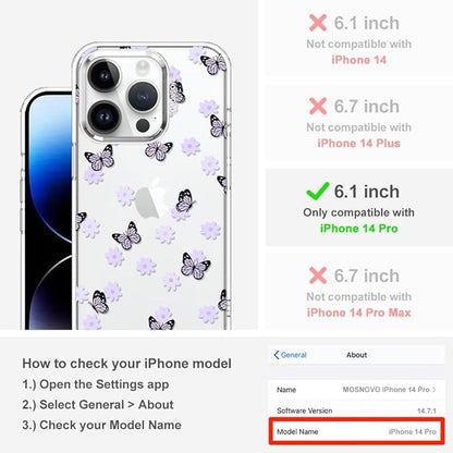 MOSNOVO Case for iPhone 14 Pro, [Buffertech 6.6ft Military-Grade Drop Protection] [Anti Peel Off Tech] Clear TPU Bumper Phone Case Cover Design - Lilac Butterfly