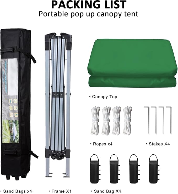10x10 Pop Up Canopy Tent Waterproof Tent for Outdoor Party Camping Commercial Event Tent, with Wheeled Bag and 4 Sandbags (Green)