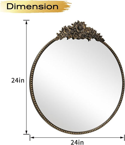 Round Baroque Style Antique Mirror, 24" Metal Circle Vintage Wall Mounted Decorative Mirror for Entryway,Bathroom,Vanity, Retro Black