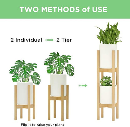MUDEELA 2 Pack Indoor Plant Stands, 2 Tier Tall Plant Stand 30 inches, Mid Century Bamboo Plant Stand, Adjustable Width 8 - 12 inches, Fits Pot Size of 8 9 10 11 12 inches Pot & Plant Not Included, Natural