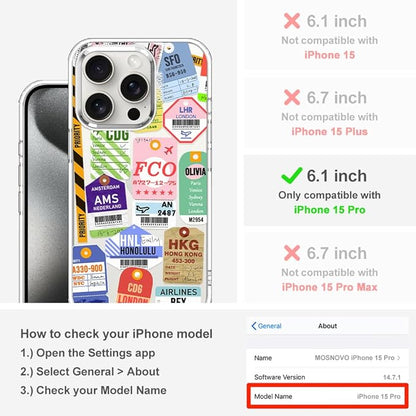 MOSNOVO Case for iPhone 15 Pro, [Buffertech 6.6ft Military-Grade Drop Protection] [Anti Peel Off Tech] Clear TPU Bumper Phone Case Cover Design - Air Ticket Labels