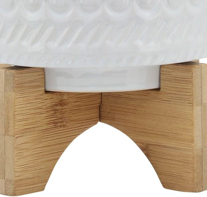 Tribal Look Footed Decorative Planter Pot – Ceramic Stoneware Outdoor and Indoor Plant Pot – Modern Garden and Home Decor Ceramic Planters with Wooden Stand– 8", White