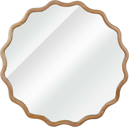 36 Inch Wooden Wavy Round Wall Mirror, Modern Solid Wood Frame Circle Decorative Accent Mirror for Bedroom, Bathroom, Living Room, Entryway, Natural Wood Color