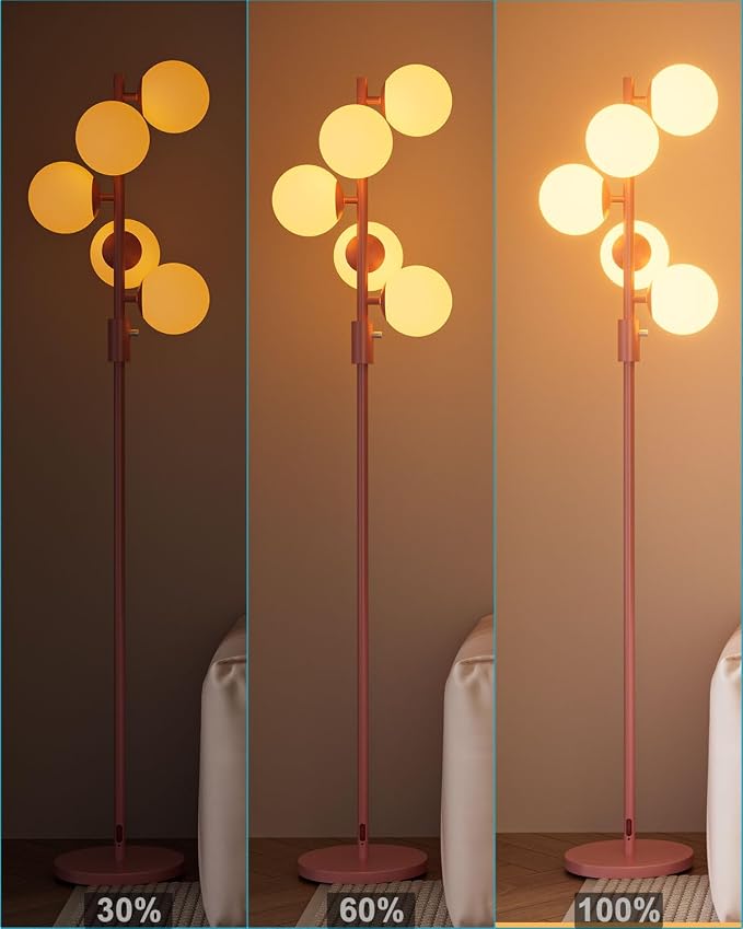 64IN Dimmable Pink Floor Lamp, Tall Standing Lamps with 5 Globe Soft Warm White Eye Care 3000K G9 Bulbs, Mid Century Modern Floor Lamp with 5Lbs Heavy Base for Living Room Bedroom Office