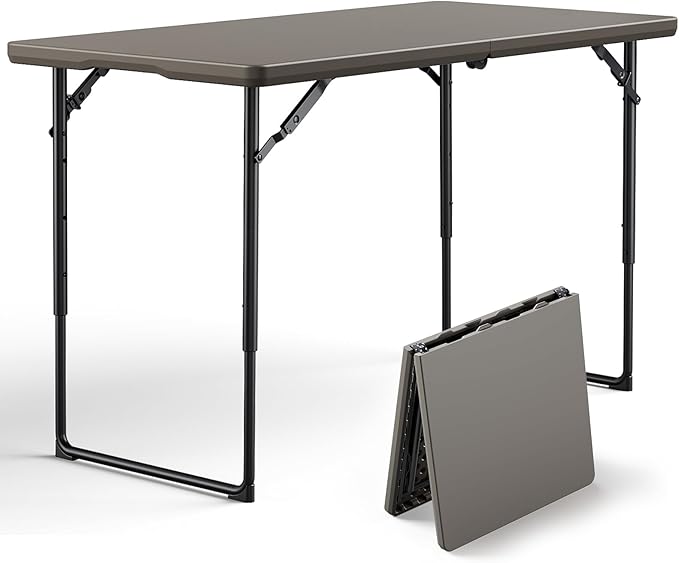 Folding Table, 4FT Foldable Picnic Table with Adjustable Height, Heavy Duty Fold-in-Half Portable Table for Weddings, Camping, RV Travel, Parties, BBQs, and Indoor Use, Easy to Fold and Store, Khaki