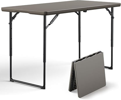 Folding Table, 4FT Foldable Picnic Table with Adjustable Height, Heavy Duty Fold-in-Half Portable Table for Weddings, Camping, RV Travel, Parties, BBQs, and Indoor Use, Easy to Fold and Store, Khaki