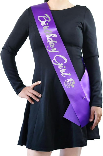 Birthday Girl Sash, Disco Cow Birthday Sash for Cowgirl Funny Birthday Gift Ideas Suppiles, Purple+ Silver Foil