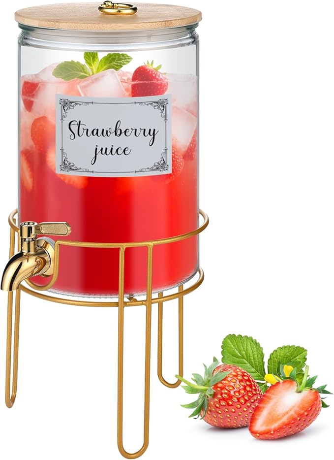 1 Gallon Drink Dispenser, Glass Beverage Dispenser With Stand,Juice Containers with Lid for Party,Drink Dispensers for Parties With Spigot for Lemonade/Soda/Tea
