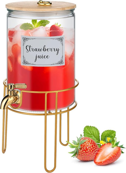 1 Gallon Drink Dispenser, Glass Beverage Dispenser With Stand,Juice Containers with Lid for Party,Drink Dispensers for Parties With Spigot for Lemonade/Soda/Tea