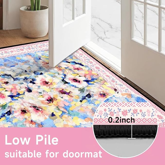 Floral Oil Painting Area Rug Watercolor Flower Print Rugs for Entryway Bedroom Living Room Nursery Kitchen Playroom Home Decor Washable Low Pile Floor Mat Carpet,5'x7'