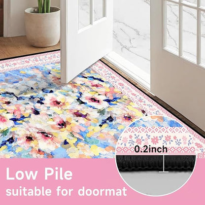 Floral Oil Painting Area Rug Watercolor Flower Print Rugs for Entryway Bedroom Living Room Nursery Kitchen Playroom Home Decor Washable Low Pile Floor Mat Carpet,5'x7'