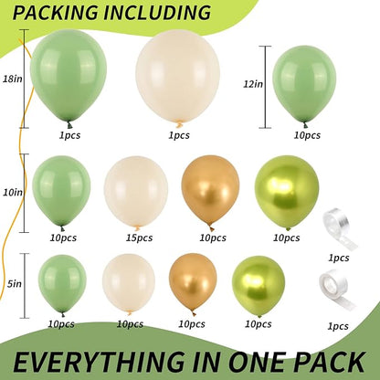 Sage Green Gold White Balloon Arch Garland Kit Metallic Lime Green Balloons Garland Olive Green Cream Ivory White Chrome Gold Latex Balloon Jungle Animal Birthday Tropical Dinosaur Party Decorations