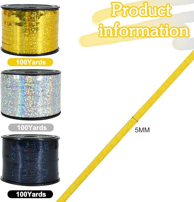 BEISHIDA 3 Pack 100 Yards Gold Silver Black Curling Crimped Glitter Ribbon Balloon String Shiny Metallic Gift Wrapping Ribbon for 2026 Happy New Year Graduation Retirement Birthday Party Decoration