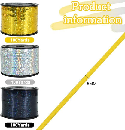 BEISHIDA 3 Pack 100 Yards Gold Silver Black Curling Crimped Glitter Ribbon Balloon String Shiny Metallic Gift Wrapping Ribbon for 2026 Happy New Year Graduation Retirement Birthday Party Decoration