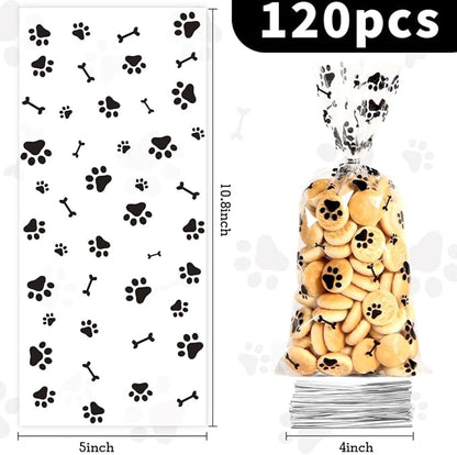 120 PCS Plastic Dog Paw Cellophane Treat bags with Ties Goodie Candy Cookie Goody Gift Bags Pouches Clear Baby Shower Pet Puppy Birthday Party Decorations Favors Supplies Wrapping Stuffers(5x11)