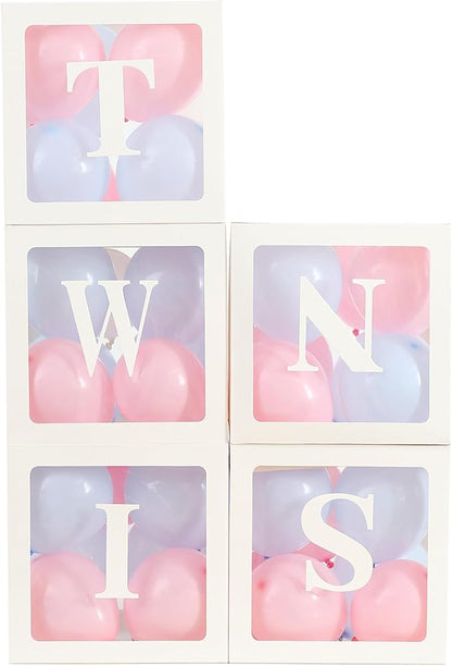 White TWINS Balloons Boxes with 5 PCS Clear Balloon Boxes and 5pcs Letters for Birthday Party Gender Reveal Decorations