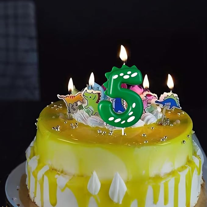 Number 5 Dinosaur Birthday Candles Set, Dino-Themed Cake Candle 5 2.75 Inch Green with 5Pcs Dinosaur Candles for Birthday Parties Celebration