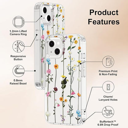 MOSNOVO for iPhone 13/14 Case | Military Grade 6.6ft Drop Tested | Clear with Wildflowers Design
