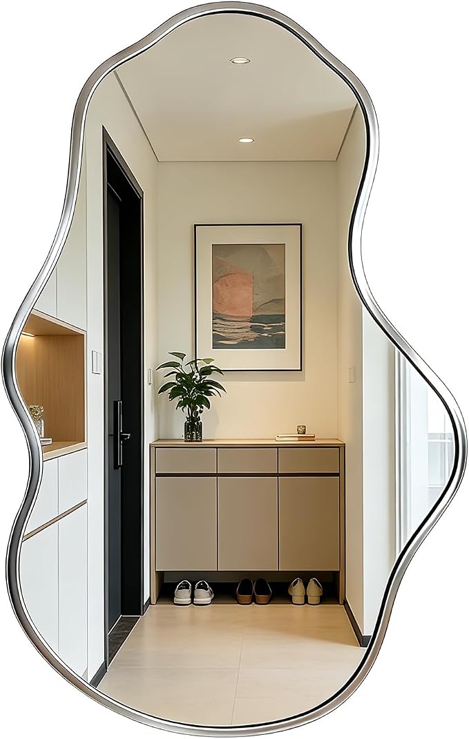 Irregular Wall Mirror Asymmetrical Mirror,18.5''x30'' Silver Mirror for Bathroom Bedroom Living Room Entryway, Decorative Modern Mirror,Wall Mouted（Silver