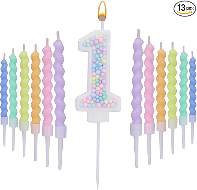 Number 1 Birthday Candles for Cake with 12 Pieces Spiral Candles with Macaron Pastel Rainbow Pink Cake Toppers for Girls Happy Birthday Party Decorations