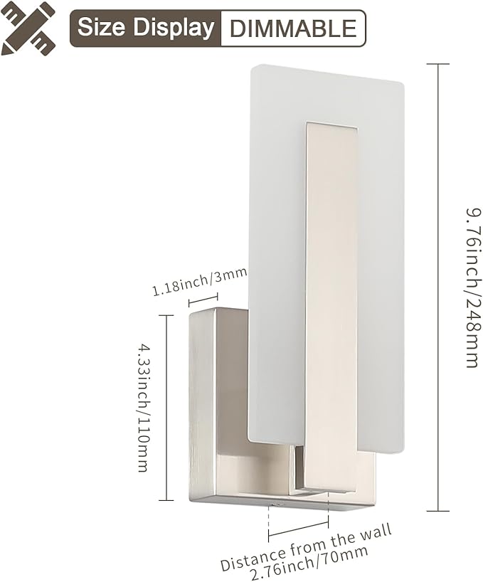 Joosenhouse LED Wall Sconce Set of 2, Hardwired Dimmable Wall Mounted Lights, Indoor Wall Lights for Hallway, Bedroom, Study, Living Room, 9.76 Inch Brushed Nickel Wall Sconce Lighting