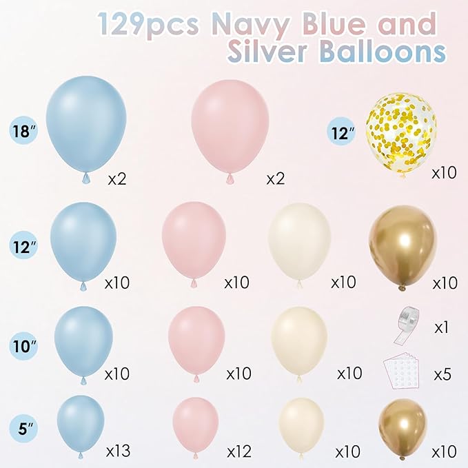 Gender Reveal Balloon Arch Kit -129pcs Dusty Pink and Blue Balloons Chrome Gold Sand White Confetti Latex Balloons for Boho Bachelorette Birthday Wedding Bear Theme Party Decorations