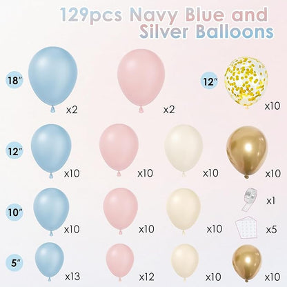 Gender Reveal Balloon Arch Kit -129pcs Dusty Pink and Blue Balloons Chrome Gold Sand White Confetti Latex Balloons for Boho Bachelorette Birthday Wedding Bear Theme Party Decorations