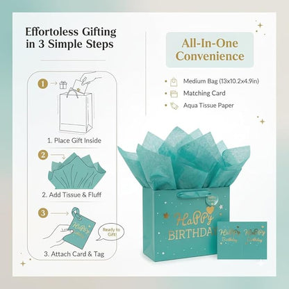 DOUBLESHOOT Green Happy Birthday Gift Bag with Tissue Paper and Card, Medium Gift Bag 13 x 10.2 x 4.9 in, Gold Foil Heart Birthday Gift Bag Set with Handles, 4-Piece Gift Wrap Bag for Women and Girls