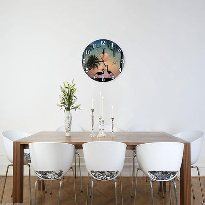 Flamingos Walking On The Sea Beach Wall Clock Battery Operated Silent Non Ticking Round Clock Wall Decor for Home Kitchen Living Room 9.8 Inch