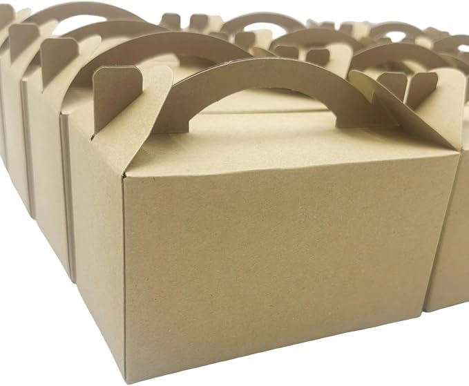 30-Pack Kraft Brown Gable Treat Boxes with Handles, 6" Pop-Up Party Favor Gift Boxes for Birthday, Wedding, Baby Shower, Eco-Friendly Candy, Cookie, Goodie Bags for Kids, Bachelorette Decor