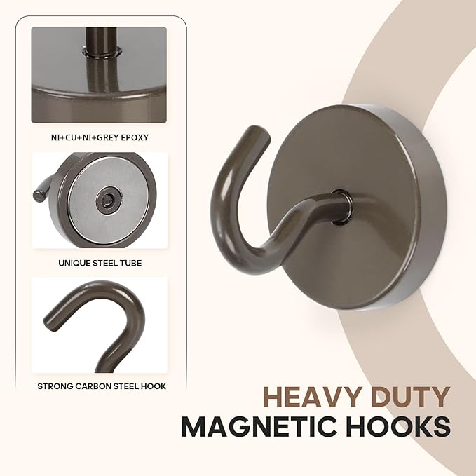 Neosmuk Magnetic Hooks, Cruise Ship Essentials, 120lb+ Heavy Duty Magnetic Hooks for Cruise Cabins, Refrigerator, Grill, Hanging, and Travel | Extra Strong Must-Haves Magnet Hook,Brown, Pack of 10