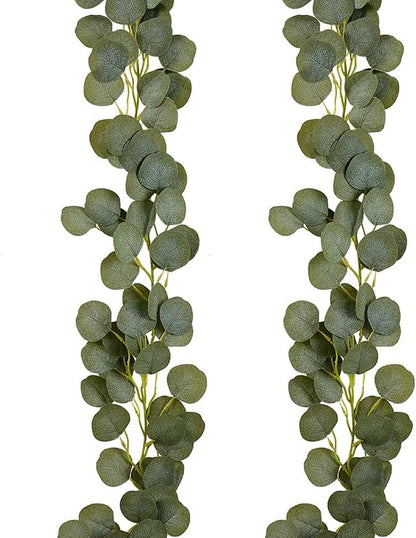 2 Pack Artificial Eucalyptus Garland Faux Silk Leaf Silver Dollar Eucalyptus Leaves Vines Handmade Garland Greenery Wedding Backdrop Indoor Outdoor Arch Wall and Party Home Decoration