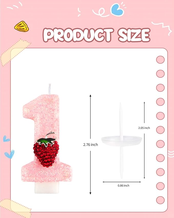 Birthday Candles for Cake, Pink Number Candles, Cake Candles with Greeting Card for Birthday Party Wedding Anniversary Celebrations (Strawberry 1 Candle)