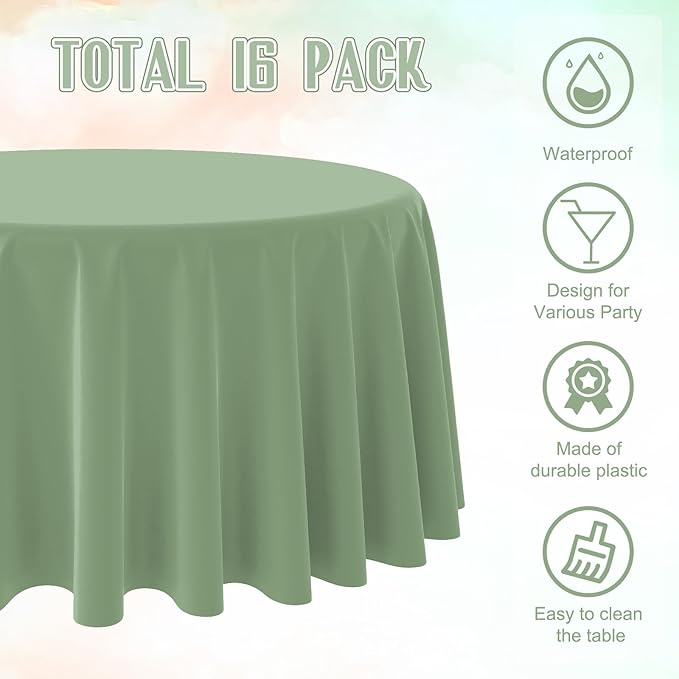 Ragnhild 16 Pack Sage Green Plastic Tablecloths for Round Tables, Premium Decorative Sage Disposable Table Covers for Parties, Round Party Table Cover for Birthday Wedding Baby Shower Party, 84 Inch
